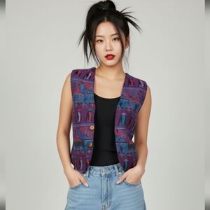 Vest Vintage Woven Tapestry Wool Cotton Galapagos Tortoise Penguin Iguana Size M